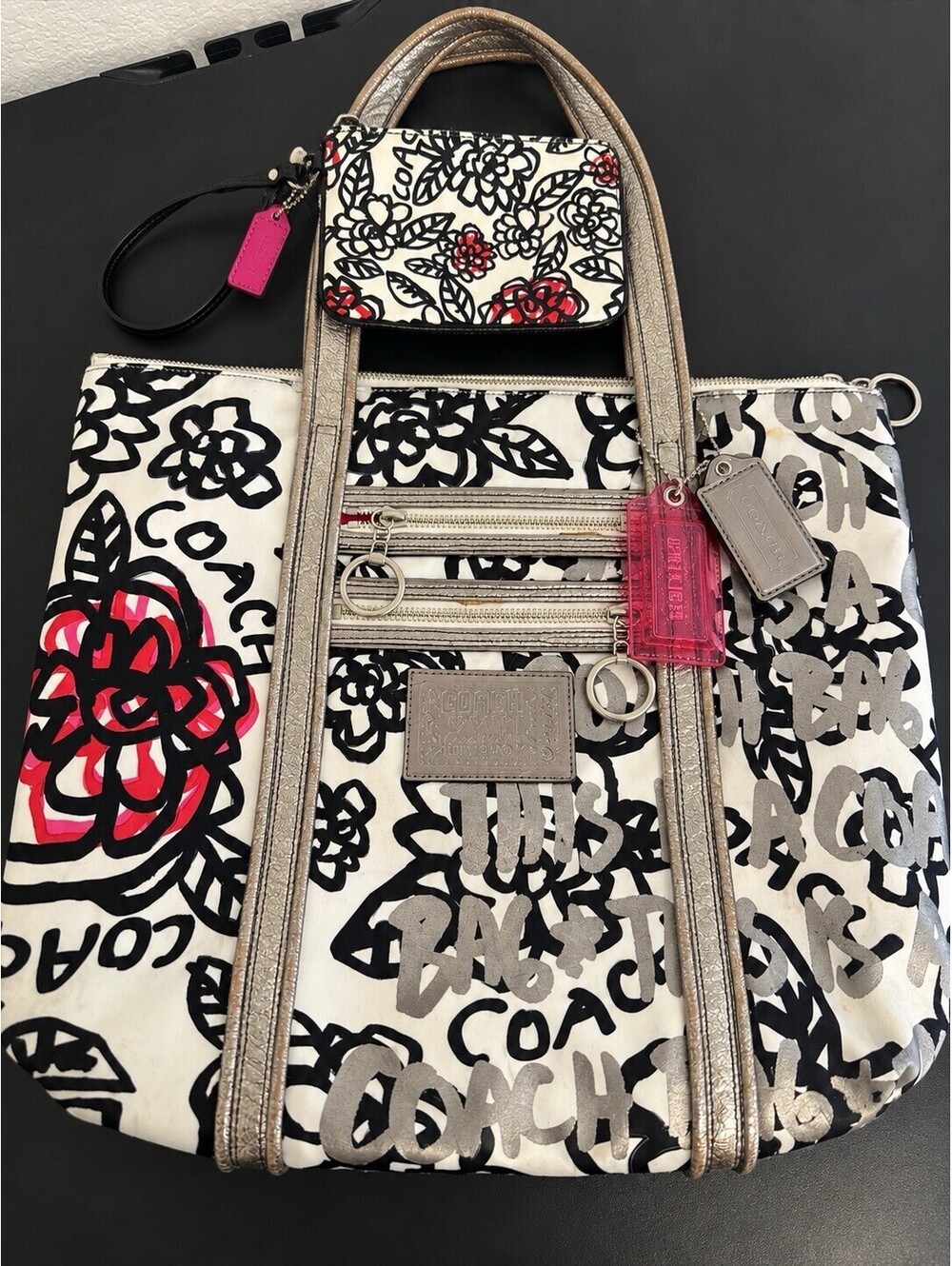 Coach Poppy Floral Graffiti Glam Tote 14741 Wallet Hang Tags Keychain Set Lot